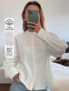 DAZY 女士宽松立领长袖优雅正式衬衫，春秋季 - 白色 - 查看 1