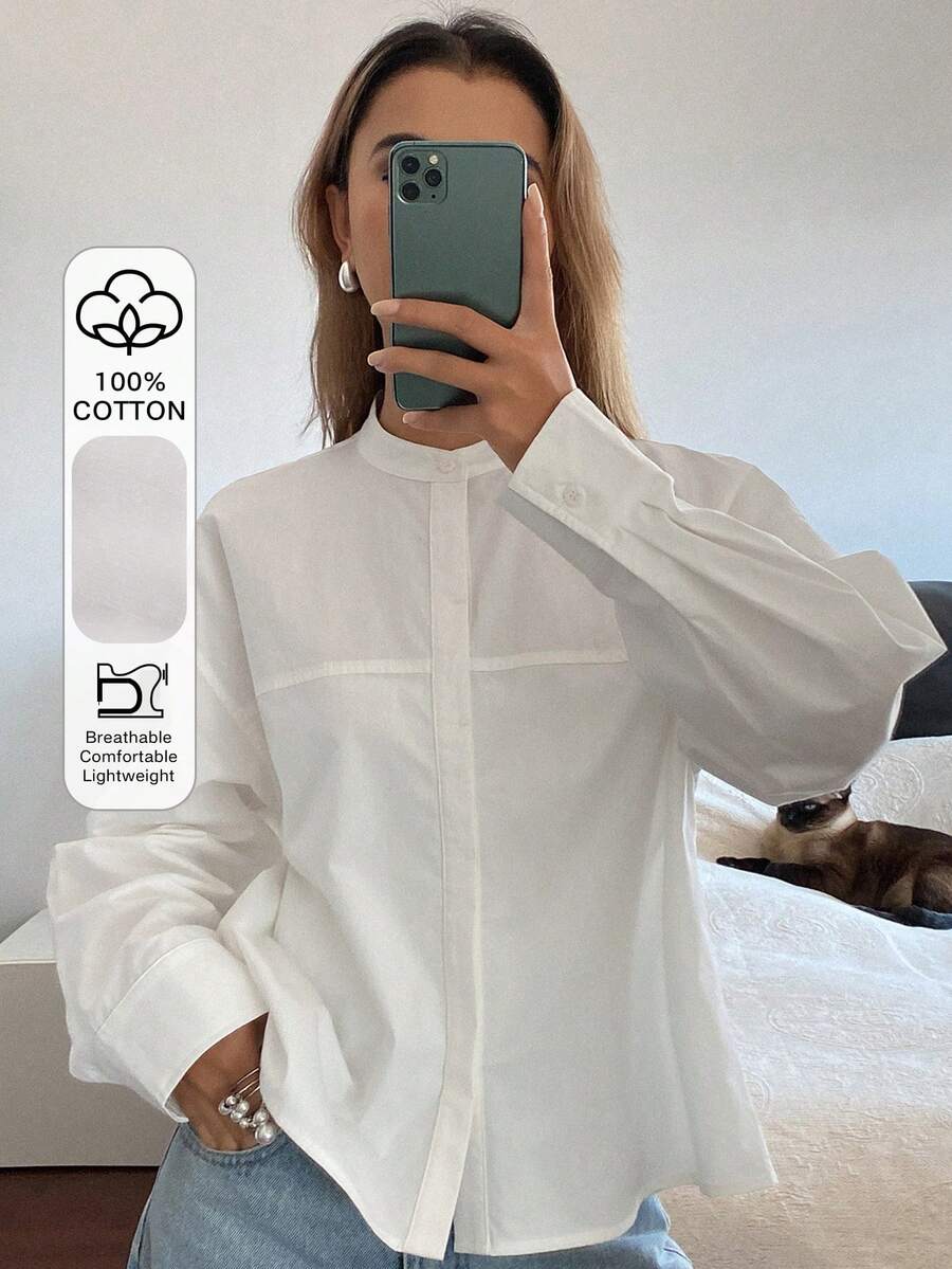 DAZY 女士宽松立领长袖优雅正式衬衫，春秋季 - 白色 - 查看 1