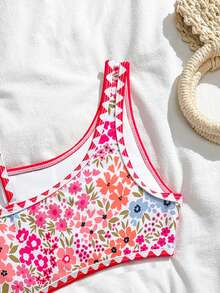 SHEIN Tween Girl Ditsy Floral One-Piece Swimsuit,White Boho Ruffle Trim Bathing Suit,Summer Holiday Vacation Pool Party High Waisted Tropical Beachwear - Multicolor - View 4