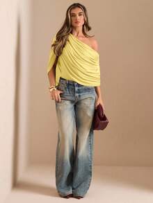 SHEIN BAE 秋冬季纯色棕色/咖啡色露肩褶皱连体衣，修身优雅连体衣，垂褶上衣 - 黃色 - 查看 5