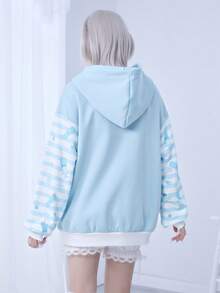 ROMWE EDITION Anime Style Blue & White Plaid Contrast Stripe Print Hooded Loose Sweatshirt Jacket - Multicolor - View 3