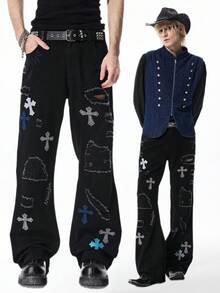 ROMWE MEN Jeans acampanados con bolsillo con gráfico de cruz de rhinestone y desgastados para hombres - Negro - Ver 1