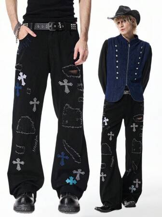 Herren Jeans mit Strass-Kreuz-Grafik, Tasche und Destroyed-Effekt