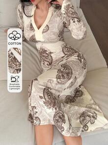 DAZY Áo ngủ dài ôm sát người kiểu dáng nghỉ dưỡng họa tiết Paisley dành cho nữ. - Màu be - Xem 3