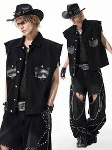 ROMWE MEN Street Life Spring/Summer Casual Graphic Men'S Fashion Commuter Rhinestone Denim Vest - Black - View 6