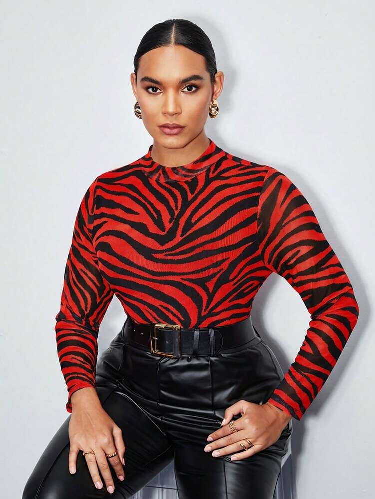 SHEIN Maija Plus Size Women Zebra Print Turtleneck Long Sleeve T-Shirt, Sheer Mesh Panel Top, Elegant & Sophisticated Urban Casual Business Attire, Office Wear, Suitable For Summer, Valentine's Day