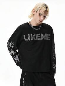 ROMWE MEN Street Life Men's Printed Crew Neck Casual Long Sleeve T-Shirt - Black - View 4