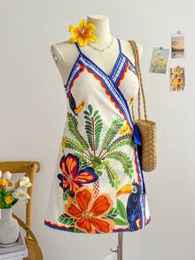 Soleia 加大码女式热带椰子树棕榈叶印花裹身裙，海滩度假装