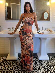 Opulessa 2pcs Women's Knit Mesh Cheetah Printed Tube Top & Mermaid Skirt Set,Red And Black,Summer,Boho,Holiday,Vacation,Holiday, Elegant Party Club Outfits - Brown - View 6