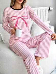 EURMUSE Cotton 2Pcs Striped&BOW Printed Long Sleeve Shirt And Striped Long Bottom Lounge Set - Pink - View 4