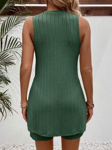 SHEIN 孕妇纯色圆领无袖开衩罗纹休闲两件套，夏季 - 墨綠色 - 查看 2