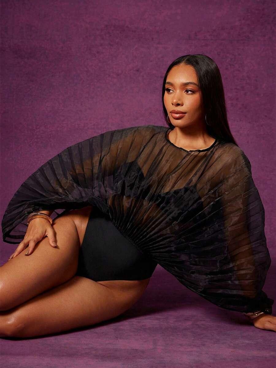 Vixey Solid Sheer Pleated Organza Draped Sleeve Bodysuit