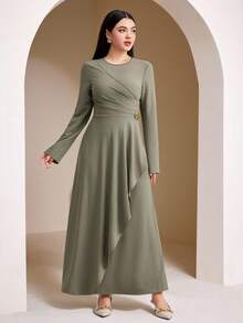 Veilorie Women's Solid Color Long Sleeve Waist Cinched Arabic Style Dress - Green - View 4