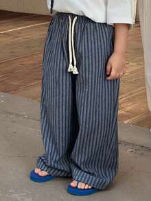 DAZY Young Boy Drawstring Waist Striped Casual Versatile Wide Leg Pants For Daily Wear