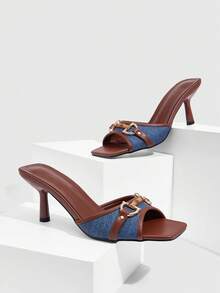 CUCCOO SZL Giày cao gót mũi vuông đính kim loại thời trang hàng ngày cho nữ - Màu xanh lam - Xem 2