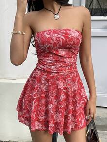 Sunnyshic Peris Print Waist Cinched A-Line Layered Ruffle Hem Women's Mini Dress, Vacation Style, Spring/Summer - Multicolor - View 5