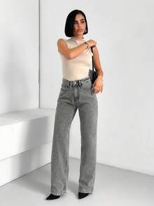 EURMUSE Lässige graue Jeans mit Denimwäsche, niedriger Taille, geradem Bein und Taschen für Frauen - Grau - Übersicht 5