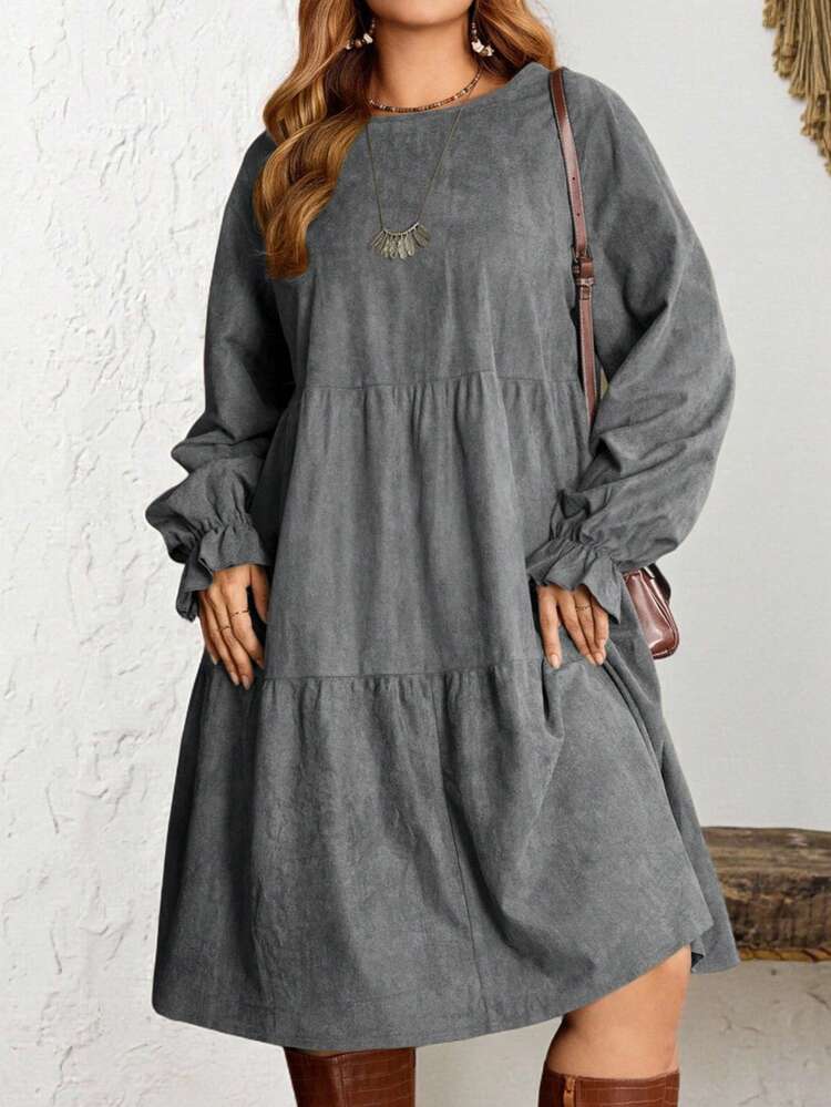 Plus Size Solid Color Long Sleeve Casual Dress, Autumn