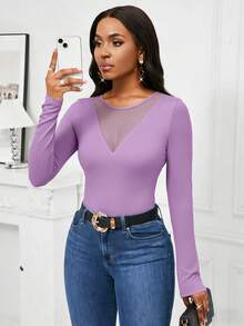 SHEIN Lady Women Autumn Elegant Mesh Splice Fitted Long Sleeve T-Shirt Valentine's Day Valentine Outfits For Women Valentine Clothes Summer Summer Clothes - Mauve Purple - View 5