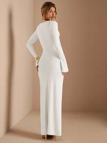 SHEIN BAE Apricot Long Sleeve Knitted Ruched Waist Twist Hem Straight Dress, Elegant Dress, Date Dress, Bridesmaid Dress, Birthday Party Dress, Apricot Color Dress, Autumn/Winter Layering Dress - White - View 2