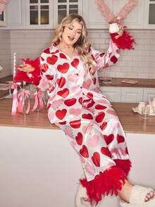 SweetSlumber Bộ đồ ngủ satin dài tay cổ bẻ in hình trái tim và lông vũ cỡ lớn, ngọt ngào. - Đỏ - Xem 1