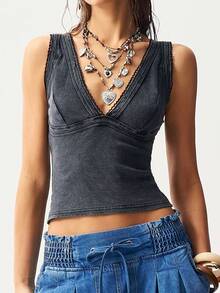 Bohemela 女士休闲纯色针织撞色蕾丝无袖修身背心 - 黑色 - 查看 8