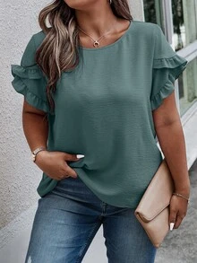 Linhara CURVE 大码夏季休闲纯色荷叶边短袖衬衫 - 水鴨藍 - 查看 5