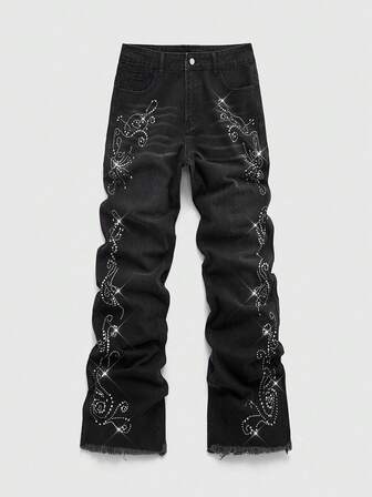 Street Life Jeans en denim délavé casual pour hommes avec imprimé de faux strass