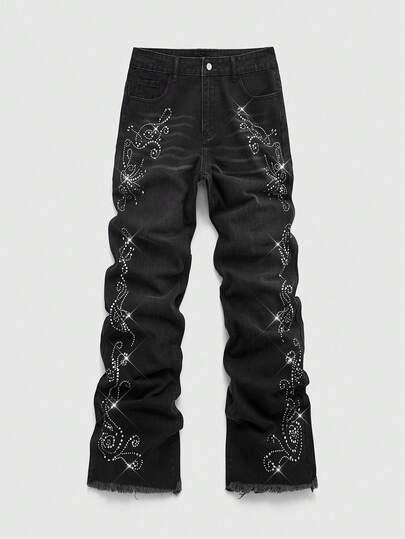 Street Life Herren Lässig gewaschene Jeans mit Faux-Strass-Muster
