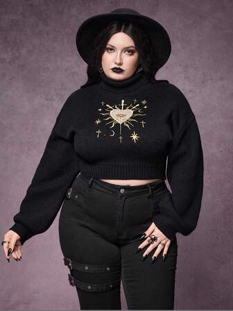 Goth Suéter de cuello alto para mujer de talla grande con bordado romántico gótico de corazón, cristales de strass y decoración de lágrima y estrella