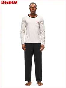 Rest Era Men's Crew Neck Long Sleeve & Long Pants Casual Pajama Set - Black - View 3