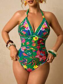 Travachic 大码女式绿色热带花卉印花连体泳衣，挂脖V领浪漫早春泳装 - 綠色 - 查看 4