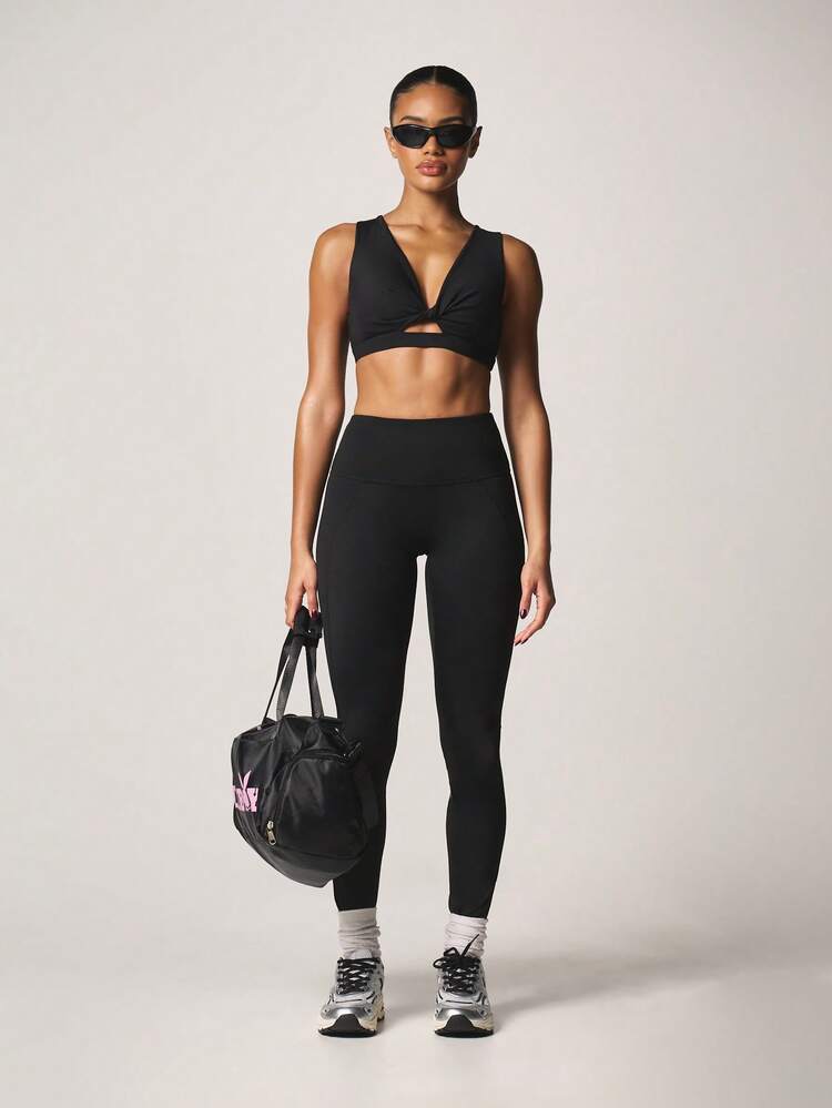 MISSGUIDED Active Twist Front Deep V Neck Sports Bra Top With Cut Out Detail For Workout Training