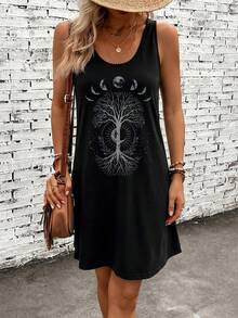 SHEIN LUNE Đầm không tay nữ kiểu dáng tối giản in hình trăng và cây, thích hợp cho mùa hè. - màu đen - Xem 3