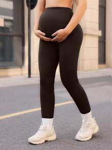 SHEIN Yoga Basic 孕妇纯色休闲百搭日常打底裤 - 棕色 - 查看 4
