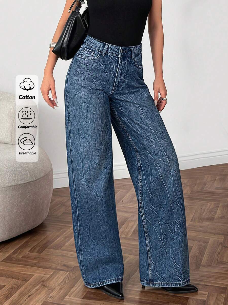 EURMUSE WOMEN WIDE LEG LOW WAIST JEANS - Medium Wash - View 1