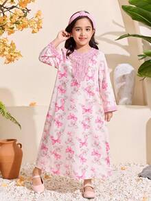 SHEIN Young Girl Embroidered Butterfly Print Casual Loose Long Sleeve Dress For Daily Wear Flower Girl For Wedding - Pink - View 7