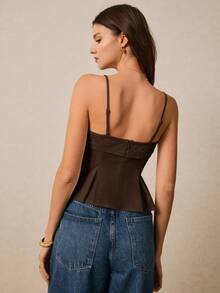 Poéselle Áo camisole xếp ly màu trơn dành cho nữ - Cà phê nâu - Xem 2