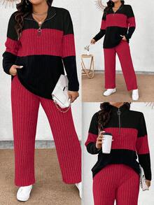 EMERY ROSE Bộ đồ 2 mảnh cỡ lớn gồm áo thun dài tay cổ bẻ có khóa kéo trang trí, chất liệu mềm mại, phối màu và quần dài mềm mại, kiểu dáng thường ngày. - Nhiều màu - Xem 5