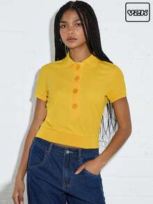 COUREZ 女士夏季短款Polo衫，休闲外出上衣，Y2K风格，休闲度假复古风 - 黃色 - 查看 1