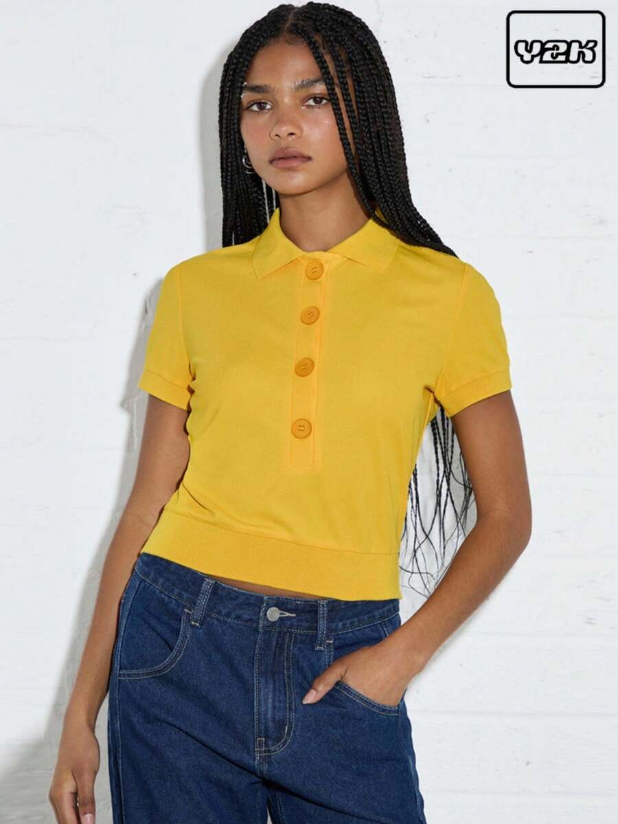 COUREZ 女士夏季短款Polo衫，休闲外出上衣，Y2K风格，休闲度假复古风 - 黃色 - 查看 1