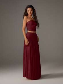 SHEIN PETITE Bộ 2 món áo bandeau lưới trơn màu và chân váy maxi cho nữ - Màu Đỏ Sâu - Xem 5
