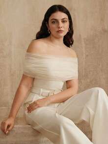 Anewsta 大码女式优雅时尚简约网纱拼接露肩针织衫，休闲女式衬衫 - 杏色 - 查看 6