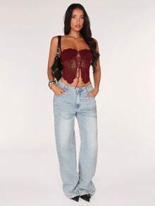 SHEIN BAE 女士性感蕾丝透视系带吊带背心，适合约会之夜、闺蜜聚会、生日派对、鸡尾酒会、夜店、节日派对等场合。 - 酒紅色 - 查看 3