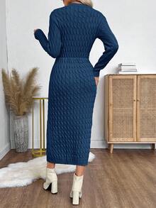 EMERY ROSE 女士休闲纯色修身针织连衣裙，秋冬季 - 藏蓝色 - 查看 3