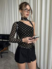 SHEIN BAE Women's Contrast Polka Dot Print One-Shoulder Top - Black - View 6