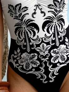 CAJUNI Costume da bagno intero con stampa retrò a blocchi di colore, scollo alla halter, adatto per vacanze e spiaggia - Bianco e nero - Visualizzare 3