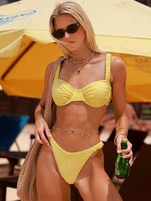 Swim Mod 2pcs Minimalist Ribbed Fabric Ruched Strap Underwire Flat Chest Swimsuit Top And Ruched Side Triangle Bottoms Set