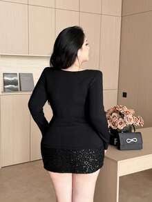 Vibekara Áo thun tay dài cổ ren mùa đông cỡ lớn cho nữ - màu đen - Xem 2