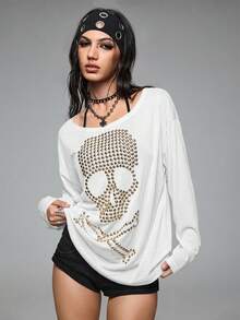 ROMWE Grunge Punk Loose Fit Oversized Crew Neck Skull Rivet & Rhinestone Graphic Long Sleeve T-Shirt - White - View 5